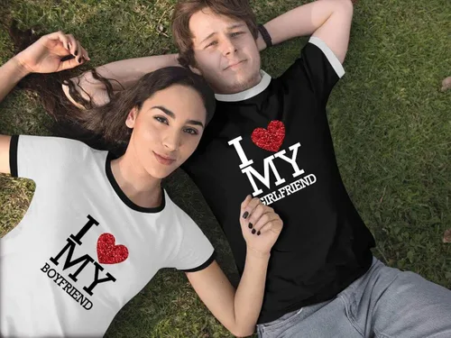Vista 5 de TSIPR Camiseta I Love My Girlfriend GF con texto en inglés "I Love My Boyfriend BF con purpurina y corazón a juego para parejas, regalos del día