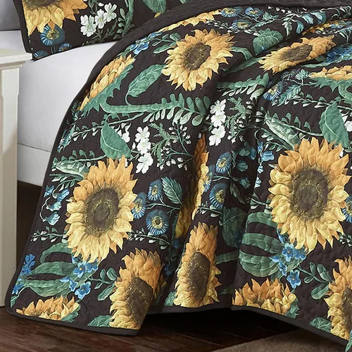 Vista 3 de ESCA - Juego de colcha de 3 piezas, tamaño Queen, con estampado de girasoles amarillos reversible, floral negro y verde