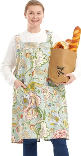 Vista 11 de Delantales sin lazos para mujer, talla grande, con bolsillos, de algodón, lino, para hornear, cocina, cocina