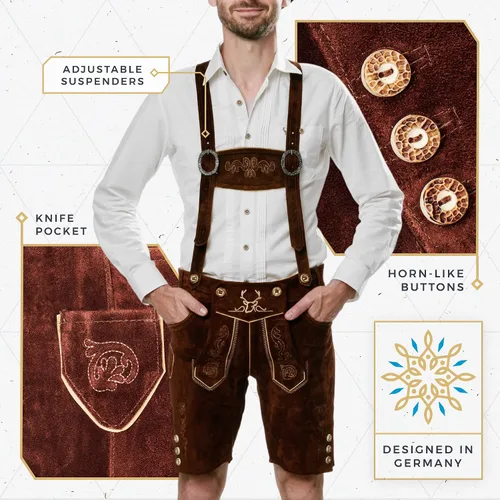Vista 4 de BAVARIA TRACHTEN Lederhosen - Pantalones de cuero genuino alemán para hombre - Leiderhausen para hombre - Pantalones de cuero alemán - Marrón oscuro