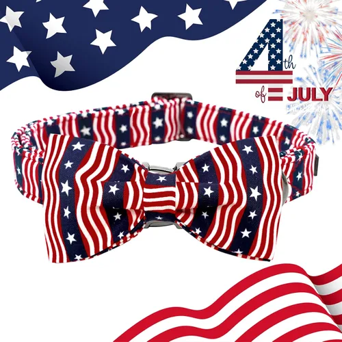Vista 4 de Lionheart glory Collar de perro con bandera estadounidense, collar de lazo para perro del 4 de julio, resistente y ajustable, patriótico
