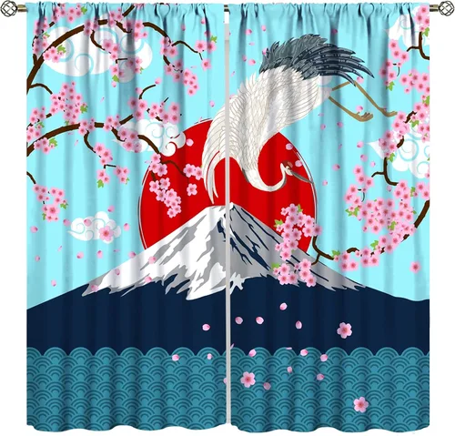 Vista 12 de Cortinas de estilo japonés, flor de cerezo, grúa de amanecer, estilo asiático, cortinas opacas para dormitorio, sala de estar, juego de 2 paneles