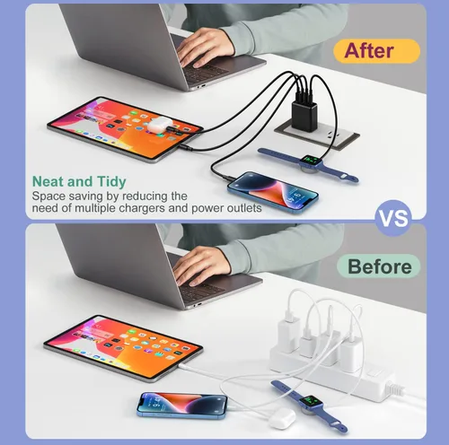 Vista 5 de Costyle - Cargador de pared USB C de 40 W, bloque de cargador rápido USB C de 4 puertos, adaptador de corriente PD dual+enchufe de pared QC