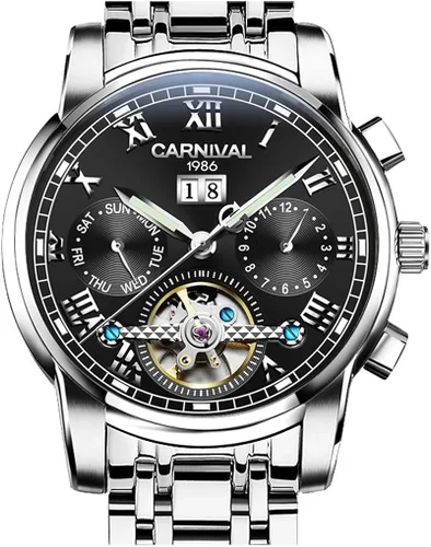 Vista 7 de CARNIVAL Mens tourbillon Automatic Mechanical Watch Silver Stainless Steel Multifunction Blue Watches