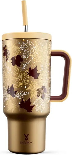 Vista 31 de Meoky - Vaso de 30 oz con asa, tapa y pajilla, taza de viaje térmica de acero inoxidable 100% a prueba de fugas, para portavasos, mantiene el frío
