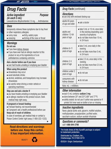 Vista 2 de Xyzal Medicamento para aliviar la alergia las 24 horas para niños, antihistamínico líquido de dihidrocloruro de levocetirizina, chicle, 5 onzas