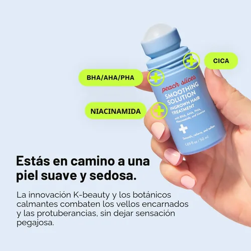 Vista 3 de Peach Slices - Solución Suavizante Tratamiento para Vellos Encarnados (1.69 oz) - Suaviza, Alivia, Ablanda la Piel - Rodillo 360 - BHA, AHA, PHA