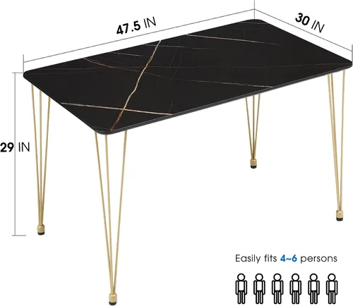 Vista 3 de ivinta Mesa de comedor para 4-6, moderna mesa de comedor de mármol con patas doradas, mesa de comedor rectangular de 47 pulgadas para espacios Negro