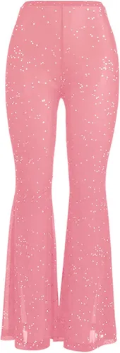 Vista 2 de Pantalones brillantes de malla transparente para mujer, acampanados, de cintura alta, acampanados, para fiestas y festivales de baile