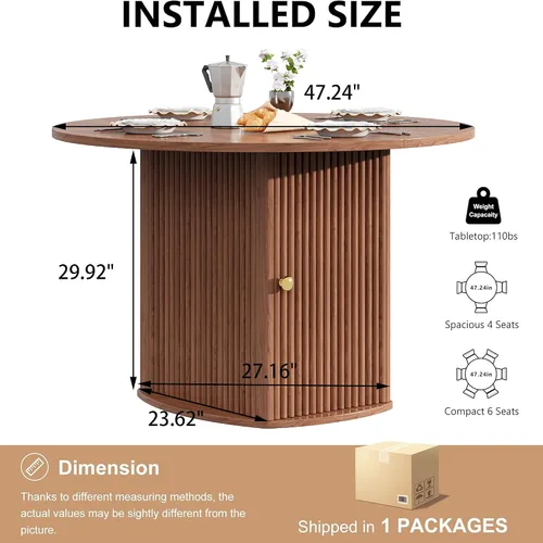 Vista 2 de Mesa de comedor redonda para 4-6 personas, mesa de cocina de granja de 47.24 pulgadas con base acanalada con patrón de ondas, juego de mesa