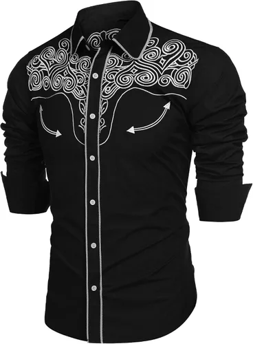 Vista 2 de Coofandy - Camisa estilo vaquero del oeste bordada de manga larga, ajuste ceñido, con botones, informal, para hombre