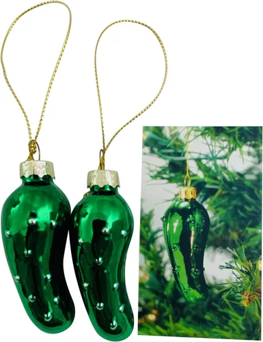 Vista 3 de Pickle Ornamento de cristal soplado árbol de decoración de Navidad en caja con tarjetas de historia, paquete de 2
