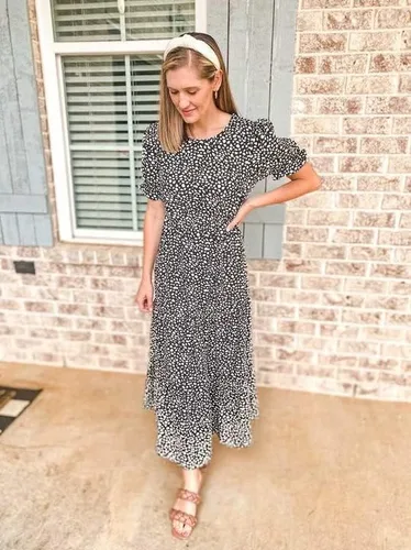 Vista 3 de GRECERELLE - Vestido de verano para mujer, informal, holgado, cuello redondo, bohemio, con volados, manga abombada y cintura alta, vestido de playa