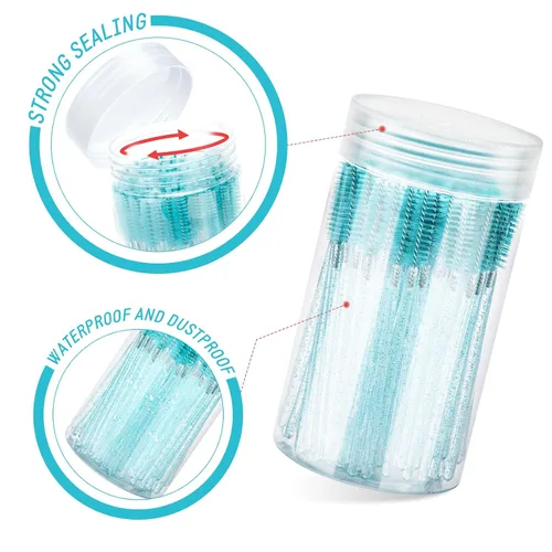 Vista 4 de G2PLUS 100 cepillos de pestañas, varitas desechables ajustables, carrete de pestañas de cristal, cepillo de carrete de cejas con recipiente para Azul