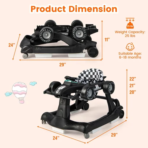 Vista 7 de HONEY JOY Andador de bebé 4 en 1, caminador de actividad con 3 alturas ajustables, ruedas suaves con velocidad ajustable, asiento acolchado, música