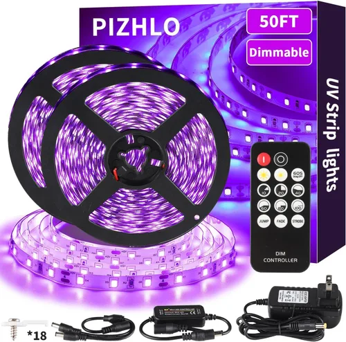 Vista 2 de Tiras de luz negra de 50 pies y control remoto + 3 barras de luz negra, tira de luz negra USB de 12 W y 1 pie para fiesta brillante