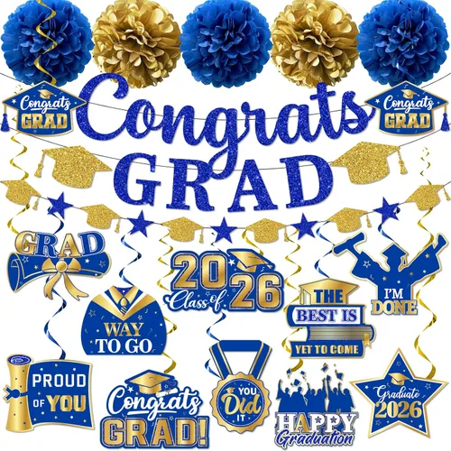 Vista 5 de Decoraciones de graduación 2026, pancarta de felicitaciones con purpurina, espirales colgantes y pompones de tela, decoraciones de graduación negras