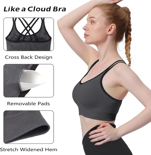 Vista 3 de WOYYHO Brasier deportivo de espalda cruzada para mujer, brasier de yoga con tirantes, brasier de entrenamiento de soporte medio para gimnasio