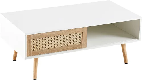 Vista 6 de IANIYA Mesa de centro con almacenamiento oculto, mesa central rectangular de 41.3 pulgadas con puerta tejida de ratán y patas de madera maciza