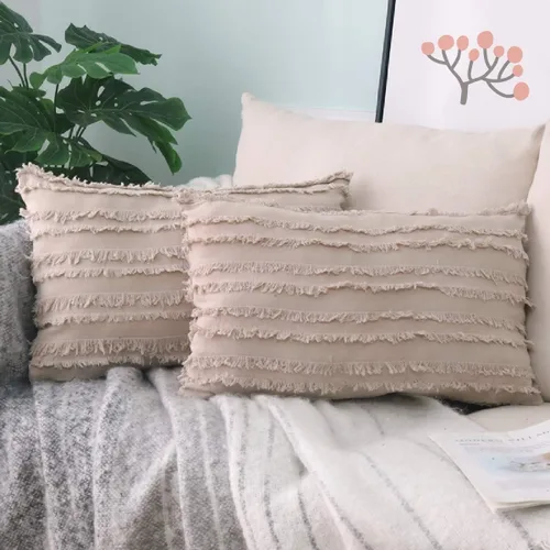 Vista 17 de GYROHOME Paquete de 2 fundas de almohada de algodón y lino, fundas de cojín decorativas, diseño de borlas, fundas de cojín modernas con flecos Beige