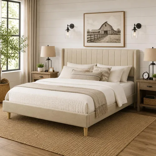 Vista 13 de Upholstered Bed Frame with Wingback Headboard and Wood Slats (Beige-Linen, Twin)