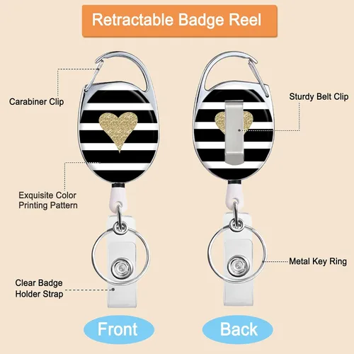Vista 4 de Soporte retráctil para insignia, carrete de insignia con clip para cinturón de lindo patrón estampado con llavero, protector de tarjeta de corazón