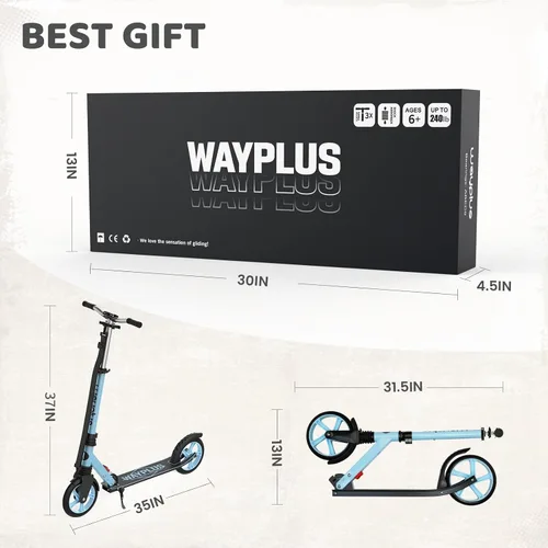 Vista 7 de WAYPLUS KS1 Kick Scooter para mayores de 6 años, niños, adolescentes y adultos. Carga máxima de 240 libras. Plegable, ligero, ruedas grandes de 8