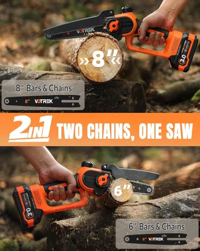 Vista 2 de Regalo único para hombres: Mini motosierra inalámbrica de 8 pulgadas y 6 pulgadas, potente y segura motosierra eléctrica de mano con 2
