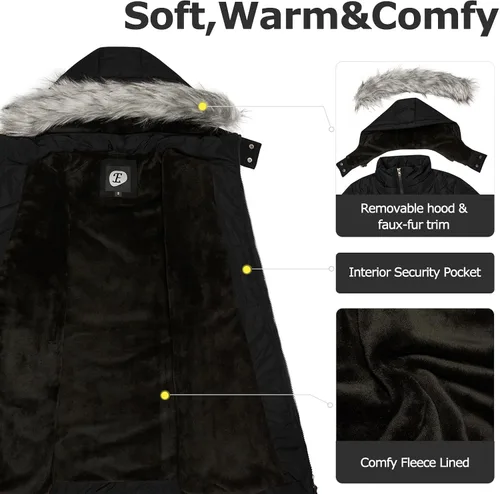 Vista 3 de FASRYKOC Women's Quilted Puffer Jacket Removable Faux Fur Hooded Long Puffer Coat Lightweight Full-Zip Puffer Jacket