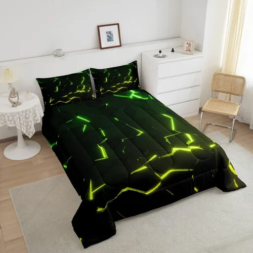 Vista 3 de Feelyou Juego de edredón de panal de abeja, juego de ropa de cama con estampado geométrico, juego de edredón acolchado con luces de neón amarillo