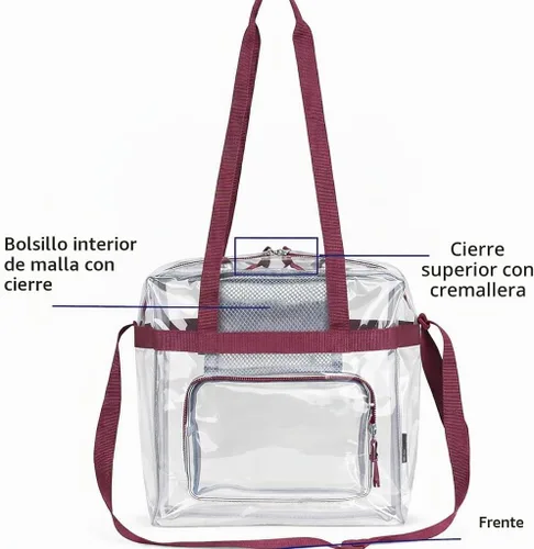 Vista 3 de Eastsport Bolsa transparente aprobada para estadios, correa de mensajero para deportes, conciertos, eventos de trabajo, transparente Borgoña