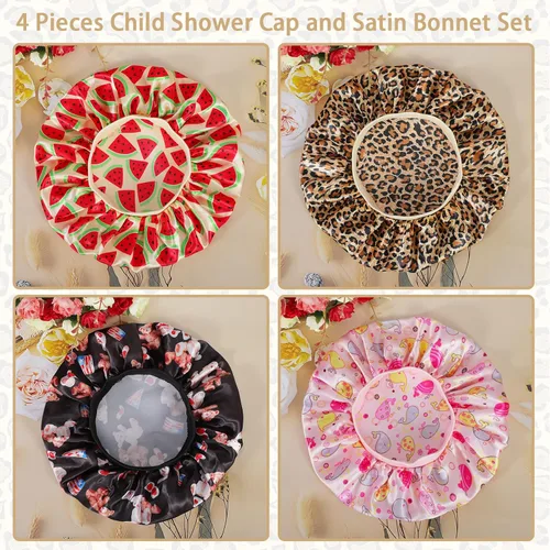 Vista 4 de 4 PIEZAS Gorros de Satén para Niños, Gorro de Dormir Infantil, Gorro de Seda Suave con Banda Elástica Ancha, Gorros Transpirables para Bebé, Gorros