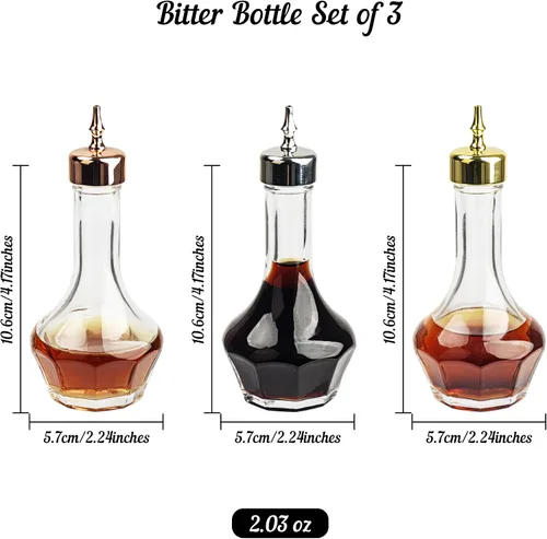 Vista 3 de Bitters - Juego de 3 botellas de vidrio de 1.7 onzas, herramienta de bar profesional decorativa para cóctel, ideal para barman en casa, bar