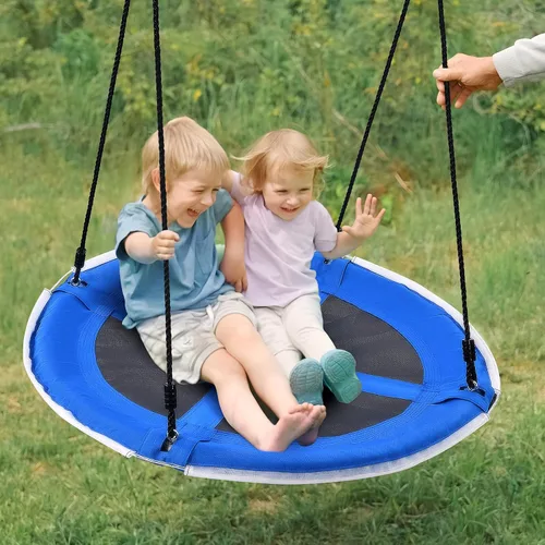 Vista 6 de Trekassy Columpio de árbol de platillo de 40 pulgadas con luces LED para niños y adultos, al aire libre, 2 correas para colgar en árboles, color azul