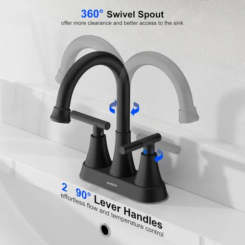 Vista 6 de Hurran - Grifos de baño para fregadero de 3 agujeros, juego central de 4 pulgadas y grifo de lavabo de baño negro mate con drenaje emergente, grifo
