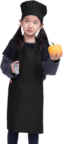 Vista 2 de Juego de delantal y gorro de chef para niños, delantal ajustable con babero para niños con 2 bolsillos. Lindo delantal de cocina para niños y niñas
