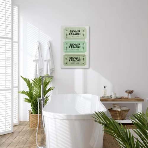 Vista 3 de Lienzo con impresión de karaoke para ducha, divertido arte de pared de baño, póster retro de boletos, color verde salvia, decoración de baño