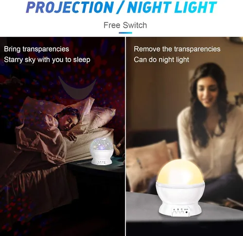 Vista 4 de Luz nocturna para niños, luces nocturnas LED, proyector de estrellas giratorio de 360 grados, 4 LED, 8 colores cambiantes con cable USB, lo mejor