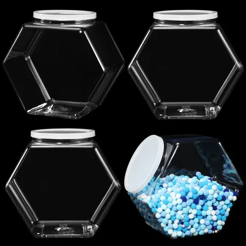 Vista 9 de EBOOT 4 tarros de plástico de 29 onzas para galletas de caramelo para encimera de cocina, tarro hexagonal con tapa, recipientes transparentes