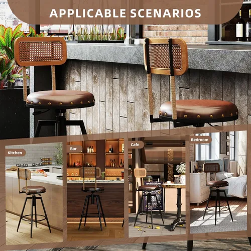 Vista 7 de Taburete de bar giratorio ajustable de 42 pulgadas con respaldo, taburetes rústicos de altura de bar, silla de bar de 360 grados para comedor, isla