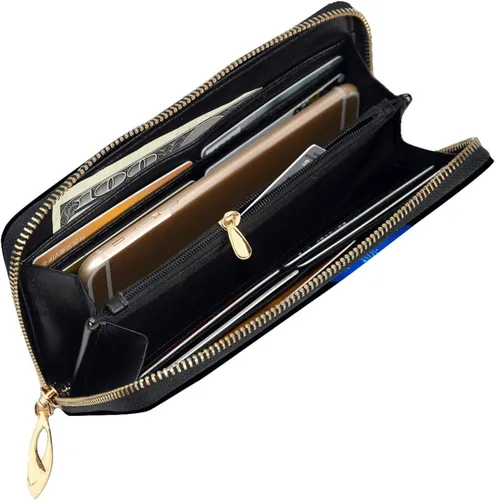 Vista 5 de Cartera larga con cremallera para mujer, diseño de colibrí, color negro, tarjetero para tarjetas de crédito