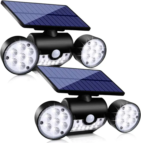 Vista 8 de Luces solares para exteriores, luces de seguridad con sensor de movimiento, luces solares de pared con focos de doble cabeza, LED, impermeables