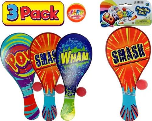 Vista 3 de JA-RU Pelota de remo de madera con cuerda (paquete de 3) juguetes retro vintage para niños, niños y niñas Juegos de juego para interiores