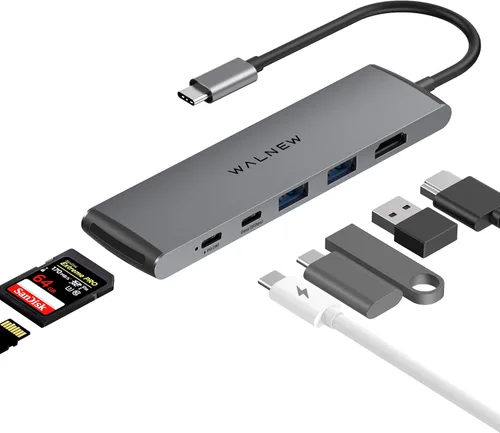 Vista 9 de WALNEW Hub USB-C 7 en 1 con HDMI 4K, 100 W PD, puerto de datos de 5 Gbps (1 tipo C y 2 USB 3.0), lector SD/TF, adaptador multipuerto Thunderbolt 4