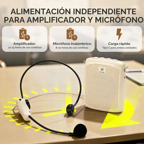 Vista 7 de WinBridge - Amplificador de voz Bluetooth - Micrófono inalámbrico de 15 W, sistema PA portátil para aula/ancianos, altavoz y micrófono para Beige