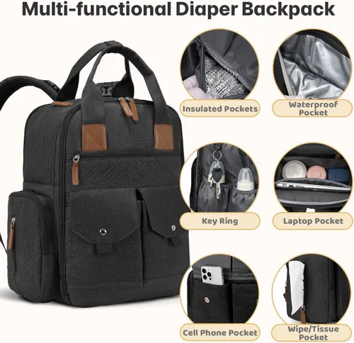 Vista 8 de JSTPRO Mochila para pañales – Bolsa de pañales grande con cambiador portátil como regalo de baby shower, bolsa de viaje unisex ligera e impermeable