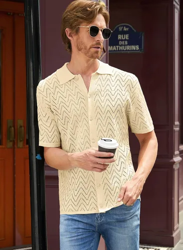 Vista 7 de JMIERR Suéter casual de punto de ganchillo para hombre, polo de manga corta, con botones, camisas de playa