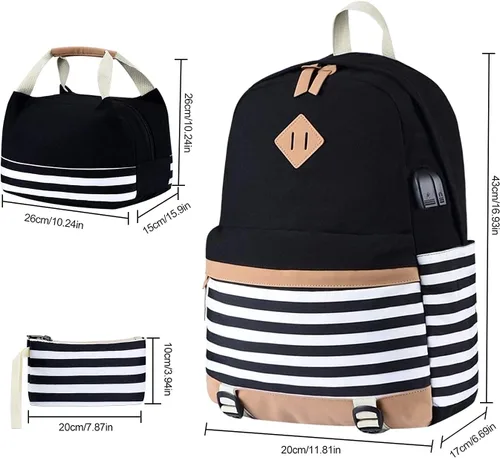 Vista 6 de Mochila escolar de lona a rayas, mochila casual para laptop, mochila para estudiantes universitarios, mochila para mujeres, adolescentes y niñas