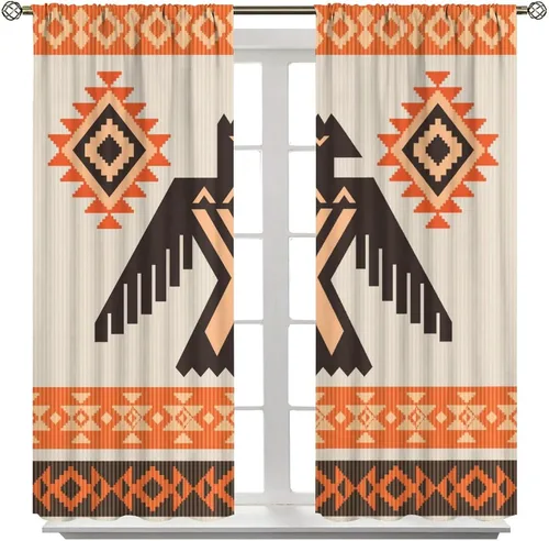 Vista 323 de Cortinas con patrón geométrico tribal, estilo suroeste, azteca, rústico, occidental, nativo americano, opacas, con bolsillo para barra, decoración