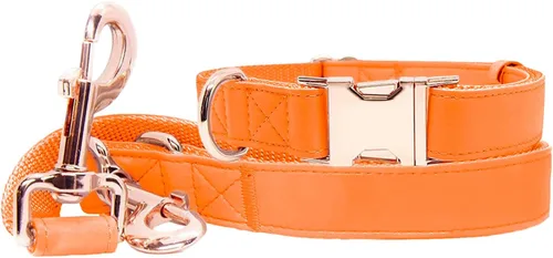 Vista 9 de Juego de collar y correa de cuero suave para perro (6.6 pies), elegante hebilla de metal resistente de oro rosa, correa de 4 longitudes ajustables